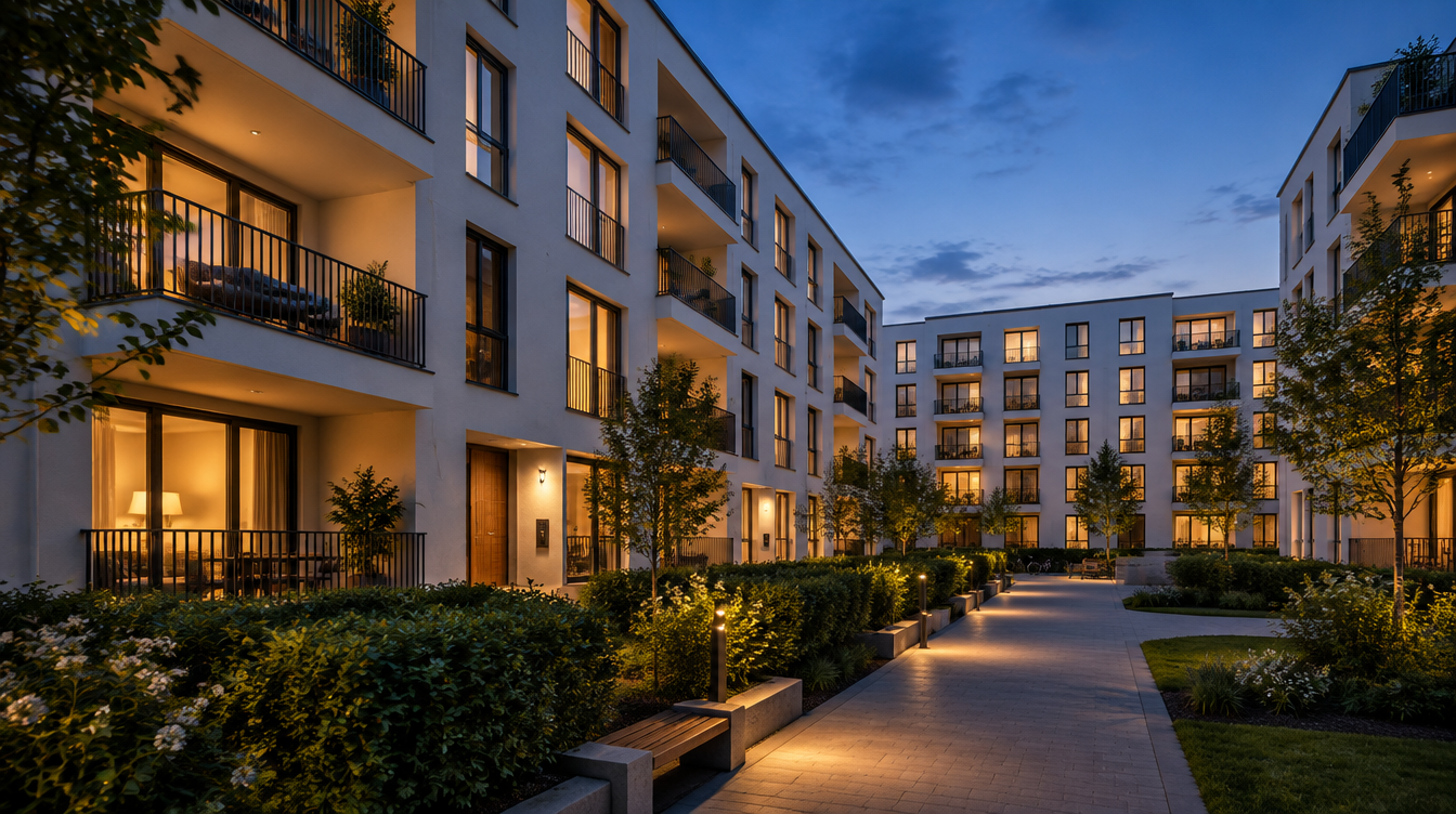 KI-Beispielbild: Fiktiver Wohnungsbau mit begrüntem Innenhof, keine Aufnahme des Referenzprojekts.