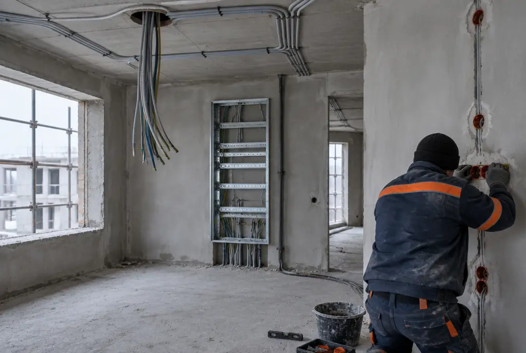 Rohinstallation mit Leitungswegen, Unterputzdosen und Verteiler im Neubau
