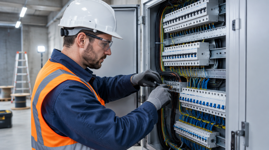 Elektriker bei der Montage eines industriellen Verteilerschranks auf einer Baustelle