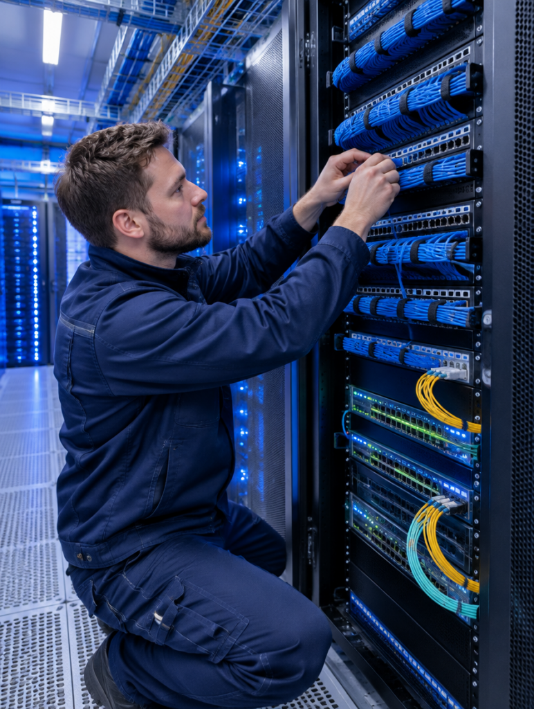 Fachkraft arbeitet an der Verkabelung eines Netzwerkschranks