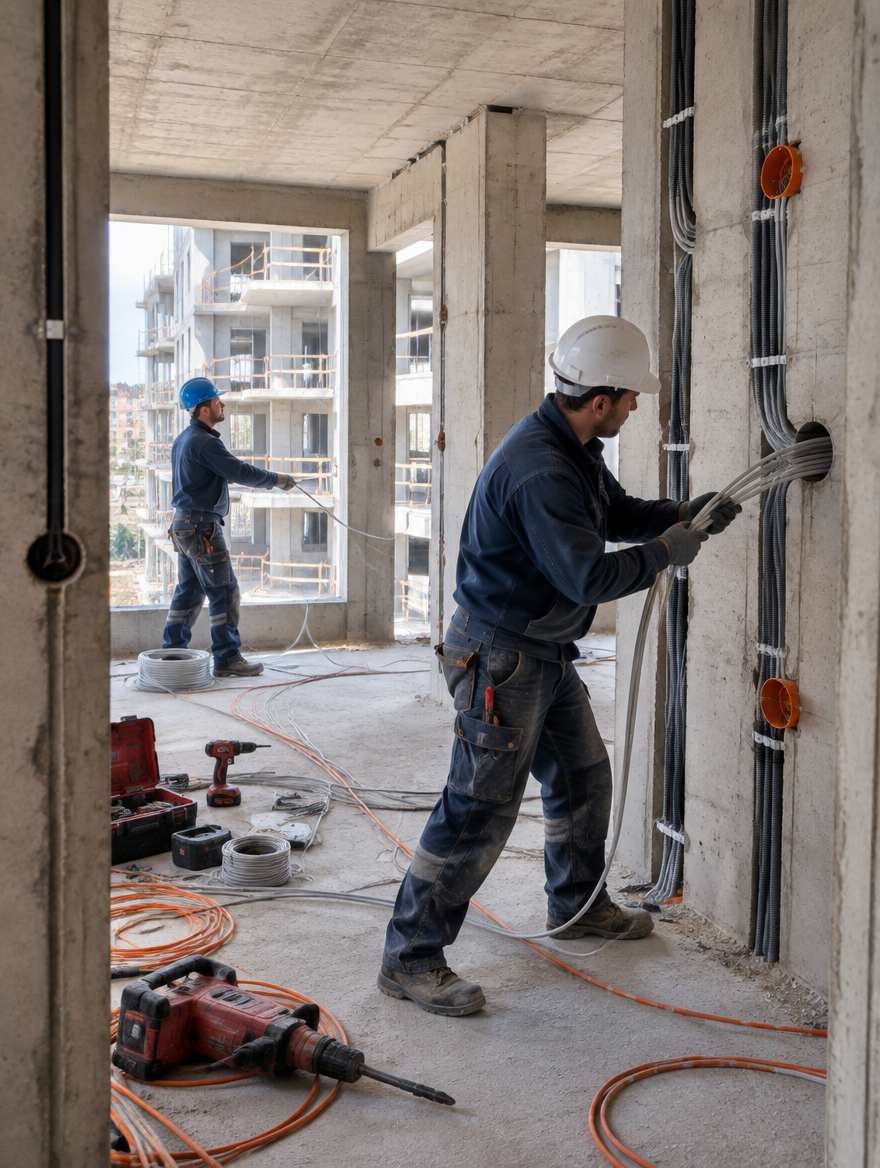 Elektrofachkräfte verlegen Leitungen im Rohbau eines Wohngebäudes