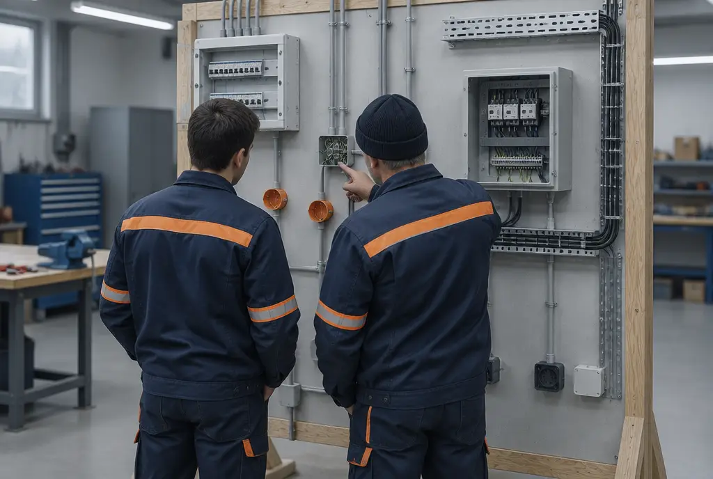 Monteure von 3 HFM Elektrotechnik üben neue Tätigkeiten an einer Testwand mit aufgebauter Verteilung im eigenen Betrieb