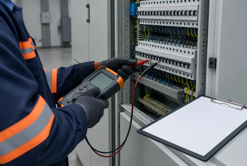 Messgerät und Prüfunterlagen vor einer elektrischen Verteilung